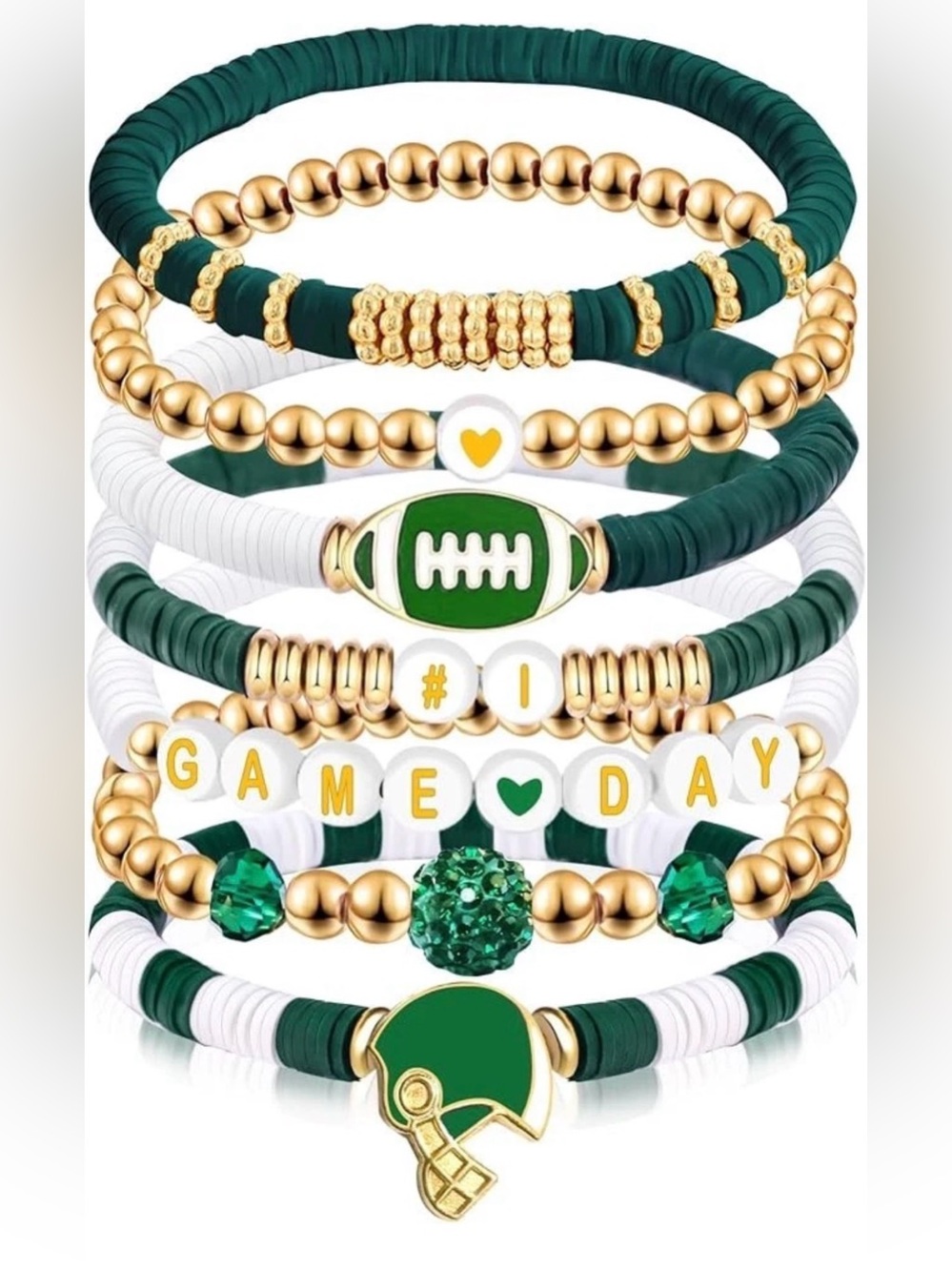 Game Day Bracelet Football Charm Beaded Stretch football, 2 packs Green